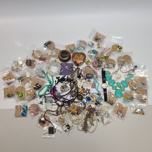 Huge Mixed Jewelry Lot: Vintage Timex Watch, Pins, Costume & Handmade Gems